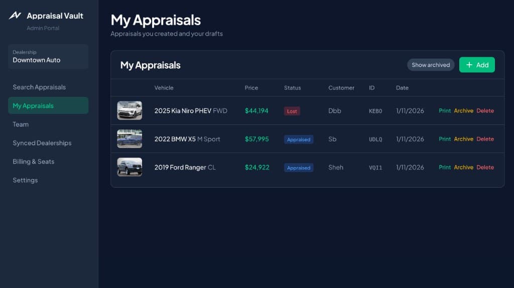 Appraisal Vault portal – Appraisals page